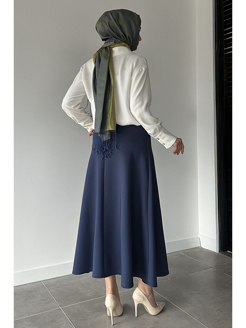 Lacivert Bel Lastikli Scuba Tesettür Kiloş Etek-7