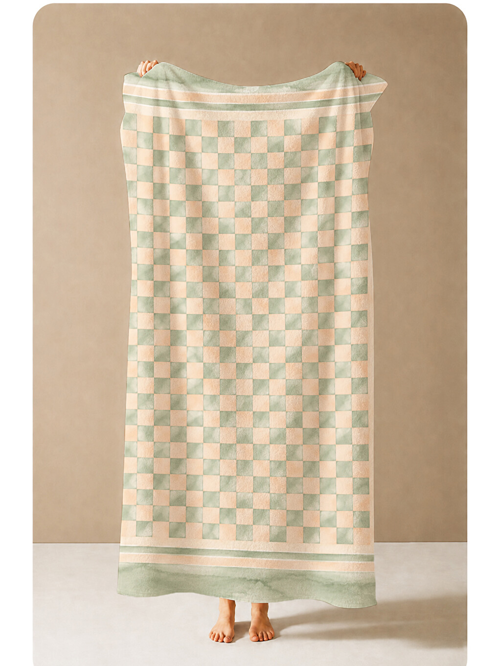 Yeşil Pastel Şeftali Mint Damalı Kareli Desenli 70x150 Plaj Havlusu - Dijital Baskılı Solmaz Banyo Havlusu-4