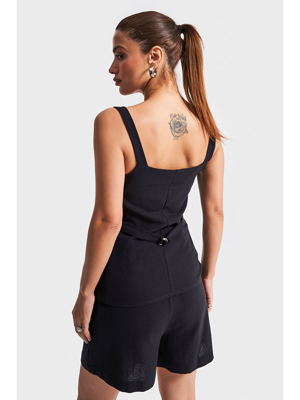 Kadın Siyah Renk s5-1 Maxi Boy Askılı Önü Düğmeli Keten Kumaş Yelek-2