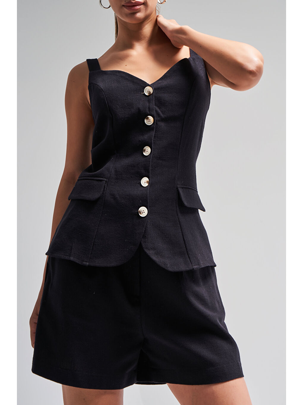 Kadın Siyah Renk s5-1 Maxi Boy Askılı Önü Düğmeli Keten Kumaş Yelek-3