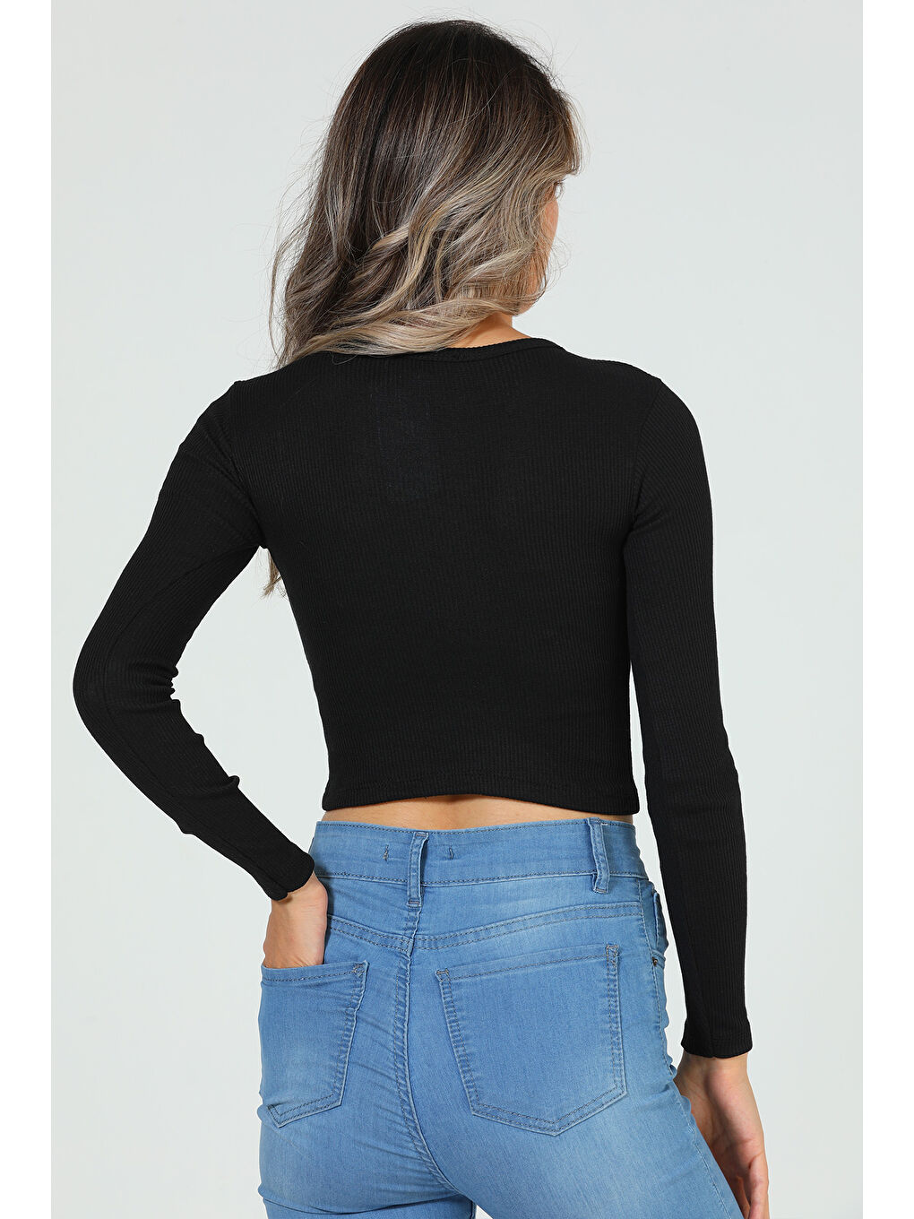 GÜLSELİ Siyah Kadın Bisiklet Yaka Kaşkorse Crop Body Bluz - 10