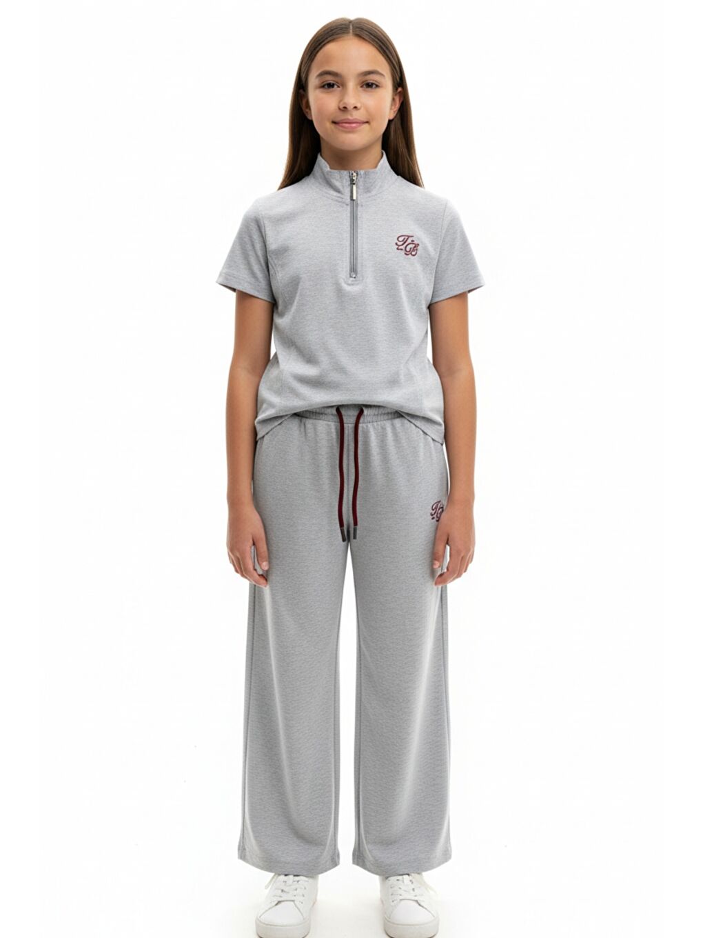 Gri Kız Çocuk 2'li Takım Dik Yaka Yarım Fermuar Kısa Kollu Nakışlı Tişört & Beli Lastikli Bol Paça Bağl