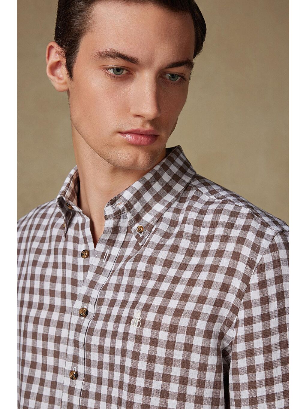 Sorento Keten Keten Comfort Fit Kahverengi Düğmeli Yaka Erkek Kareli Gömlek-2
