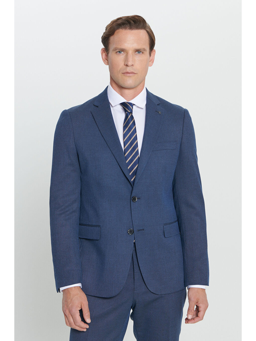 Erkek Lacivert Regular Fit Geniş Kesim Mono Yaka Desenli Takım Elbise-3