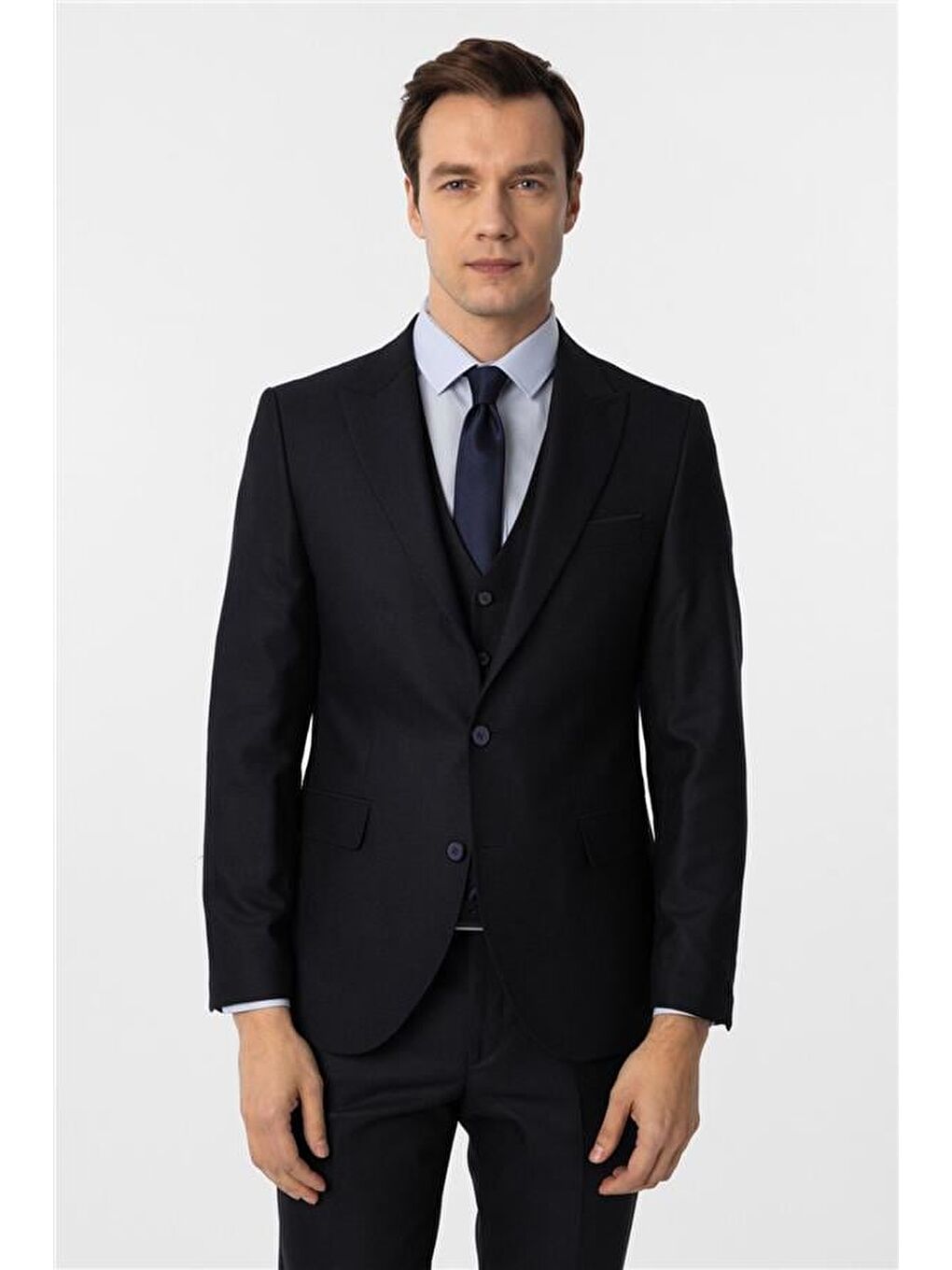 Lacivert Slim Desenli Sivri Yaka 6 Drop Yelekli Takım Elbise-1