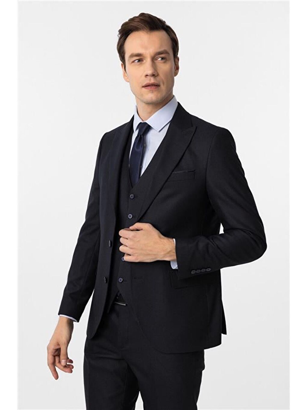 Lacivert Slim Desenli Sivri Yaka 6 Drop Yelekli Takım Elbise-2