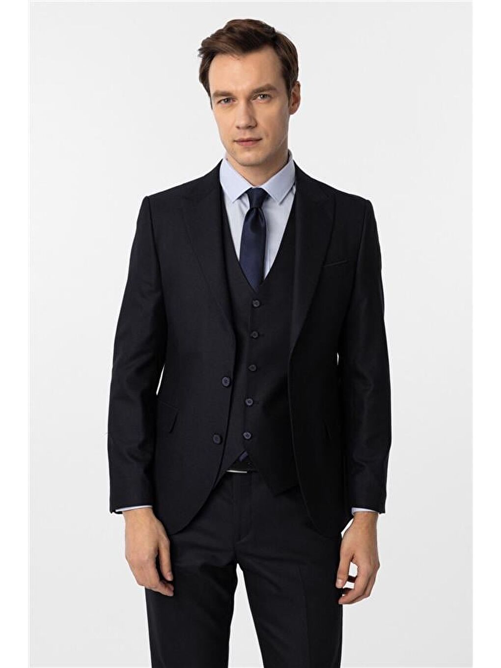 Lacivert Slim Desenli Sivri Yaka 6 Drop Yelekli Takım Elbise-3