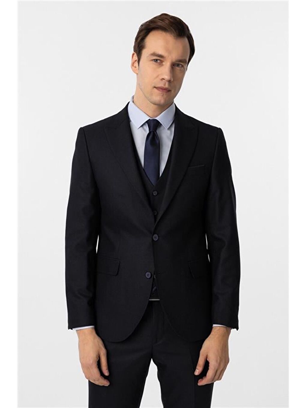 Lacivert Slim Desenli Sivri Yaka 6 Drop Yelekli Takım Elbise-4