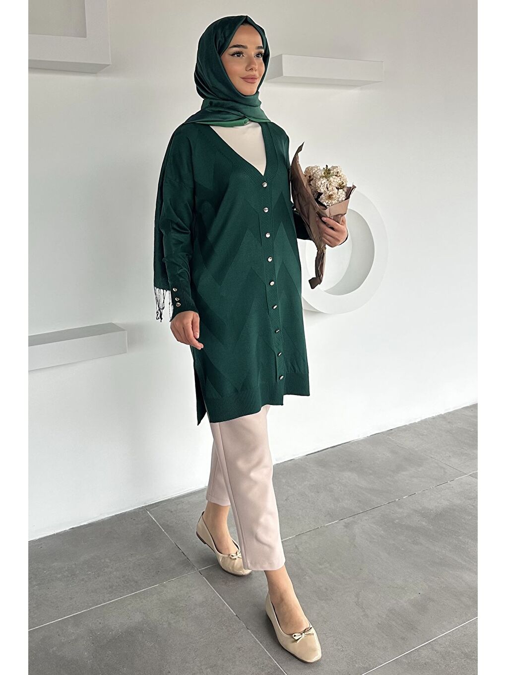 Yeşil Ön Düğmeli Desenli Tesettür Triko Hırka (m-l-xl Uyumludur)-2