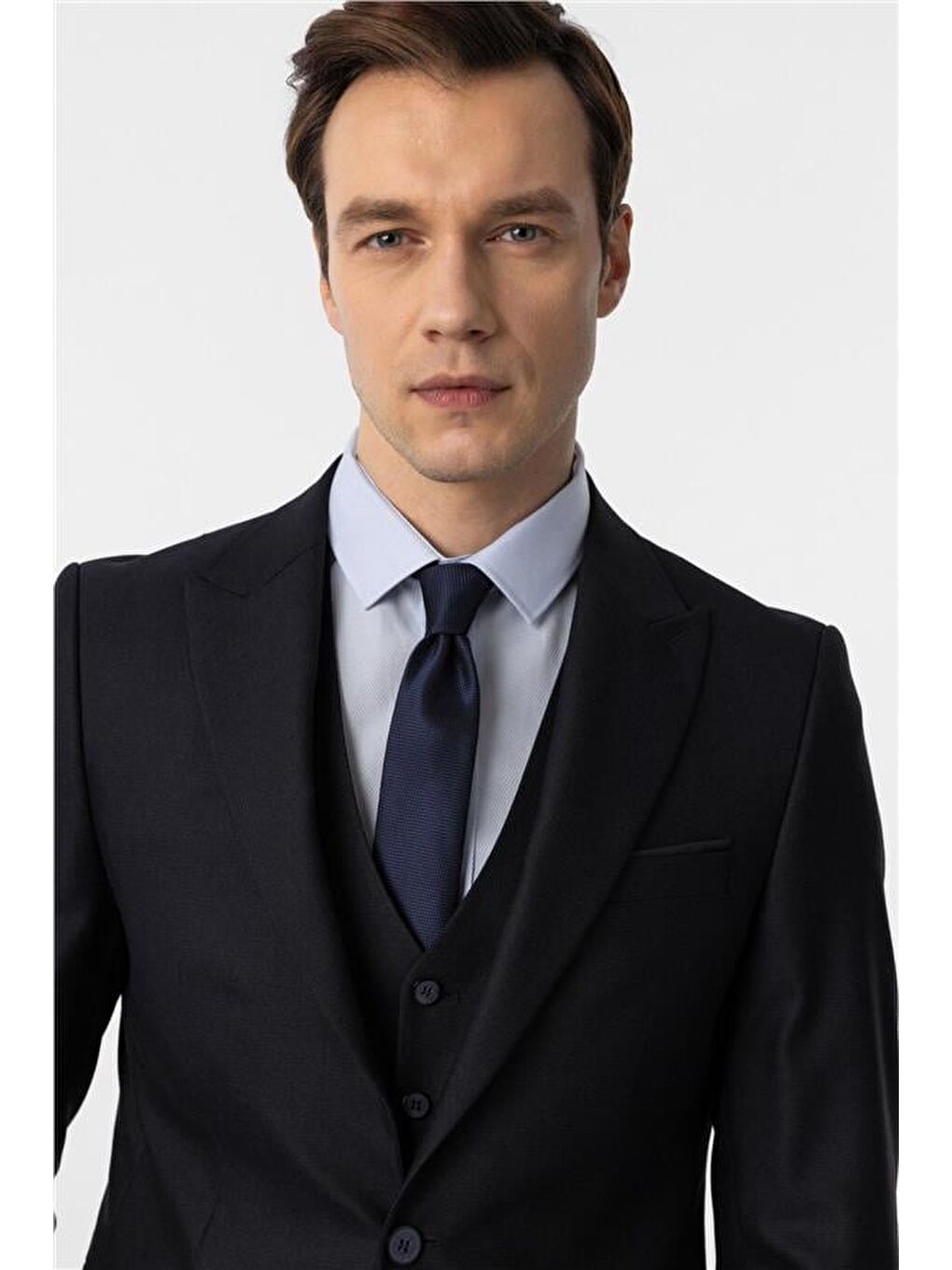 Lacivert Slim Desenli Sivri Yaka 6 Drop Yelekli Takım Elbise-5