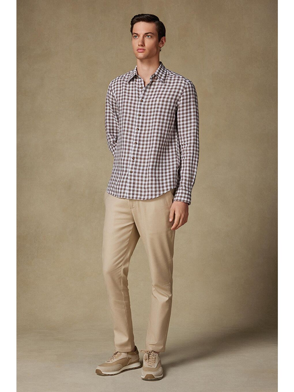 Sorento Keten Keten Comfort Fit Kahverengi Düğmeli Yaka Erkek Kareli Gömlek-3