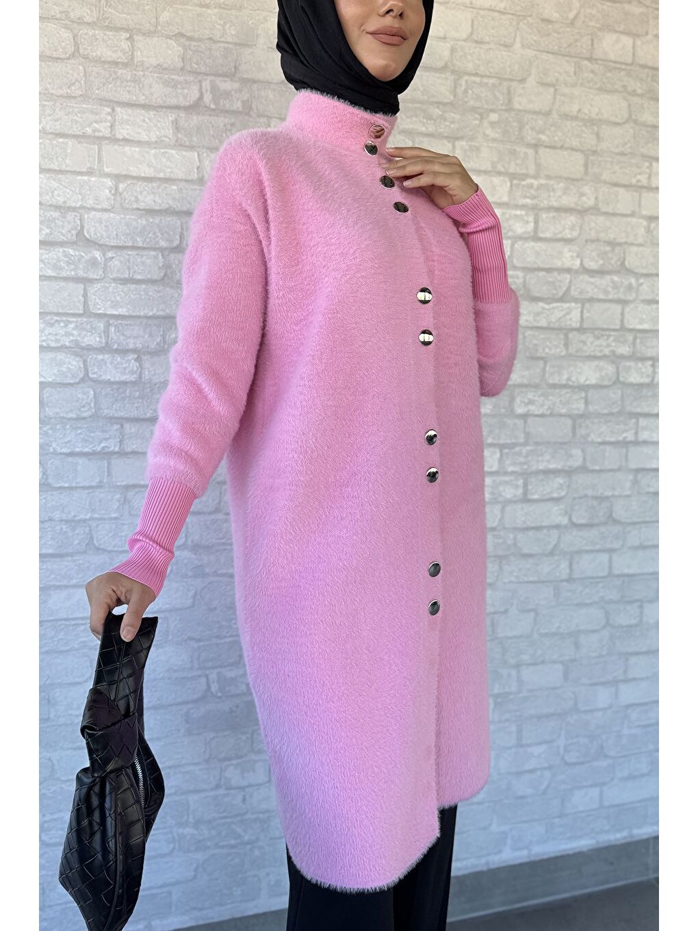 Pembe Gold Düğmeli Tesettür Yumoş Triko Hırka-4