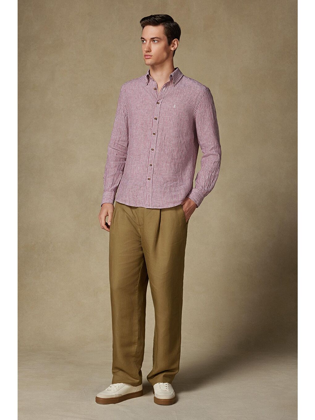 Sorento Keten Keten Comfort Fit Kırmızı Düğmeli Yaka Erkek Çizgili Gömlek-3