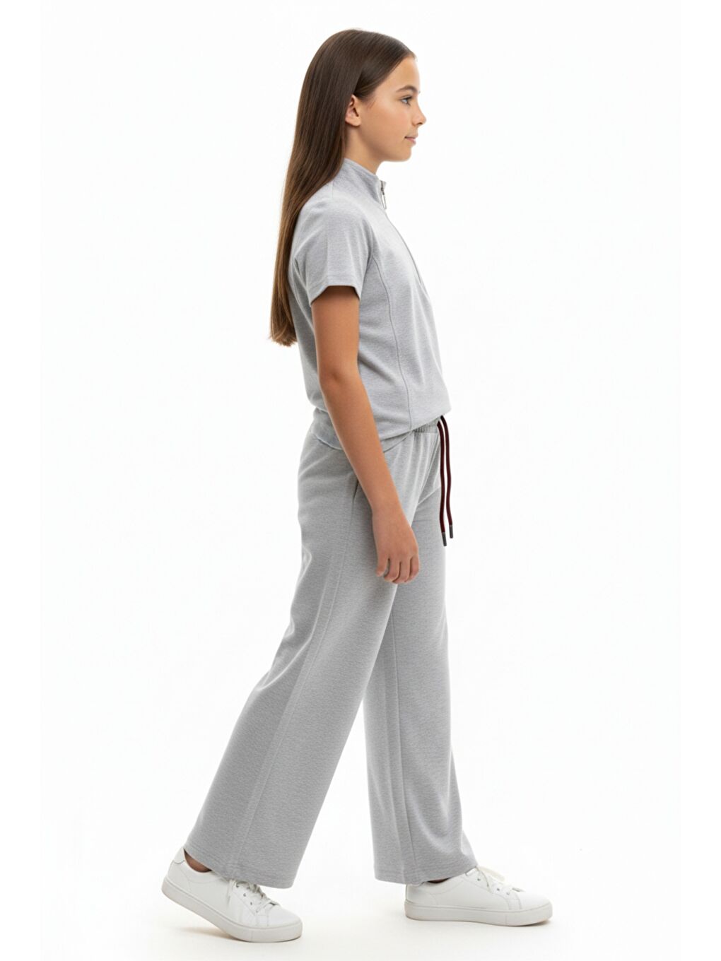 Gri Kız Çocuk 2'li Takım Dik Yaka Yarım Fermuar Kısa Kollu Nakışlı Tişört & Beli Lastikli Bol Paça Bağl-2