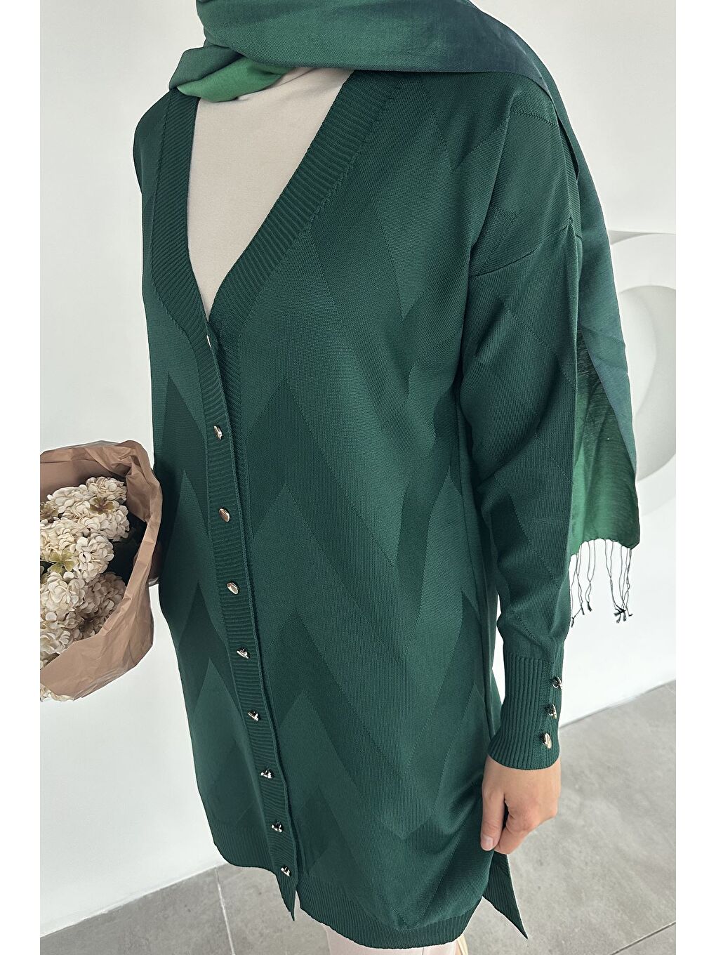 Yeşil Ön Düğmeli Desenli Tesettür Triko Hırka (m-l-xl Uyumludur)-6