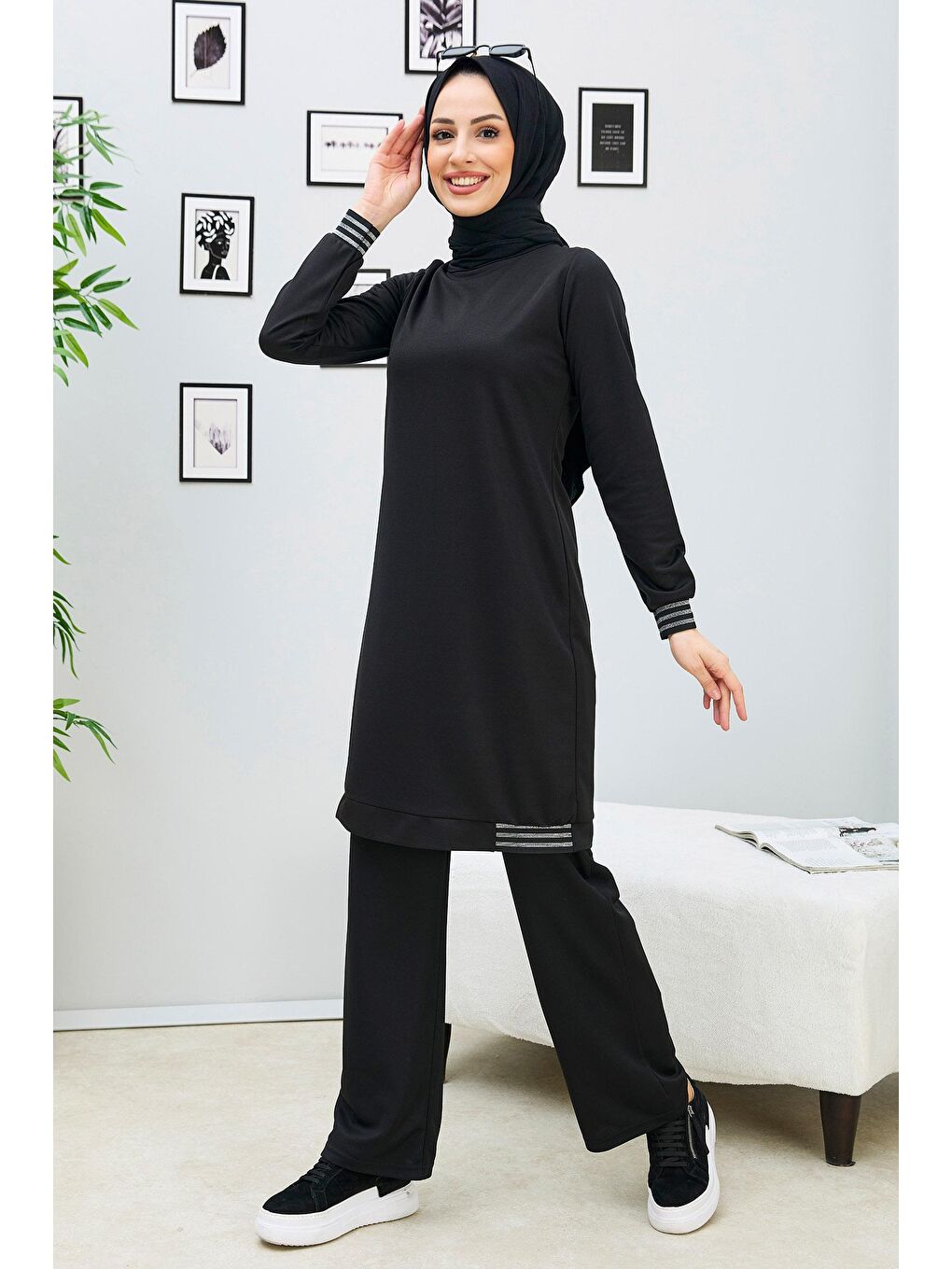 Bisiklet Yaka Kadın Siyah Tunik Pantolon - 11352