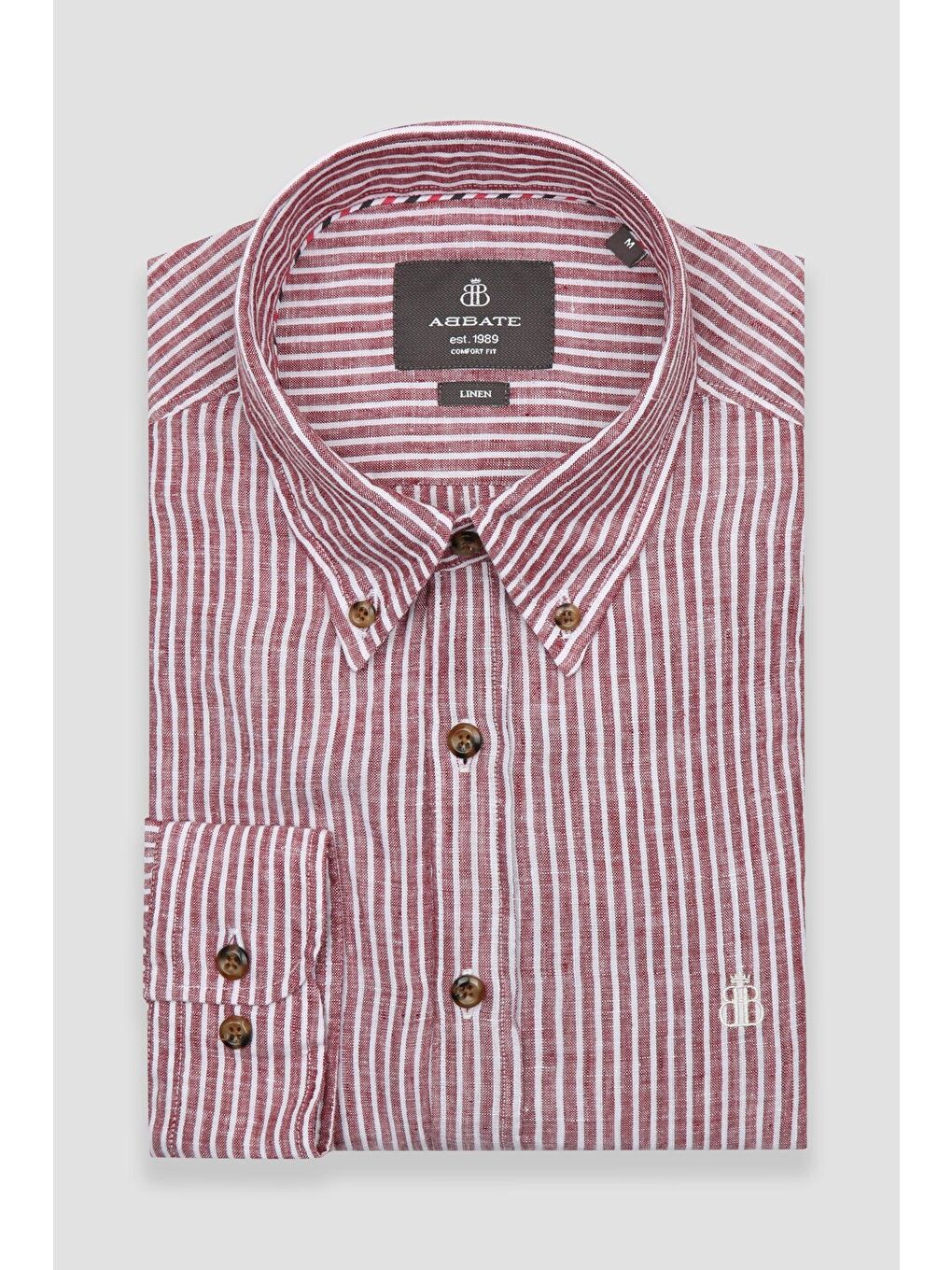 Sorento Keten Keten Comfort Fit Kırmızı Düğmeli Yaka Erkek Çizgili Gömlek-4
