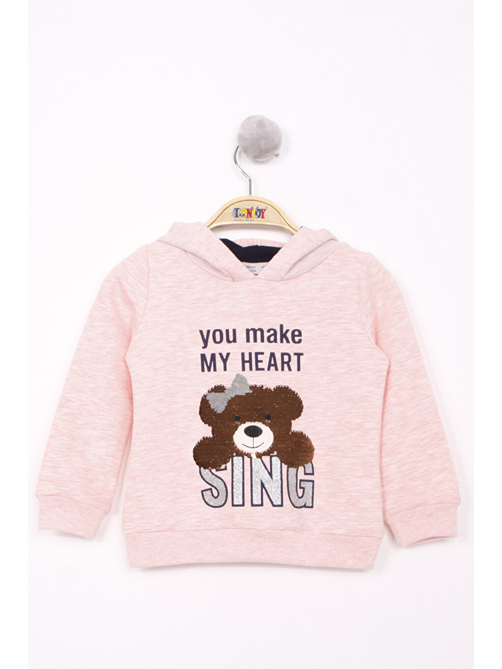 Pembe Kız Çocuk Pullu Ayıcık Nakışlı Sweatshirt