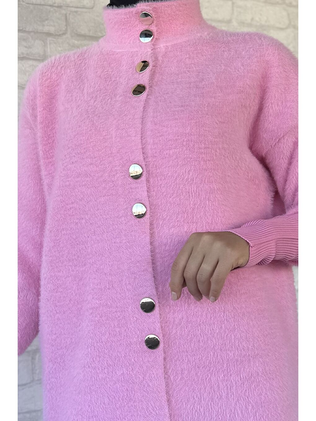 Pembe Gold Düğmeli Tesettür Yumoş Triko Hırka-7