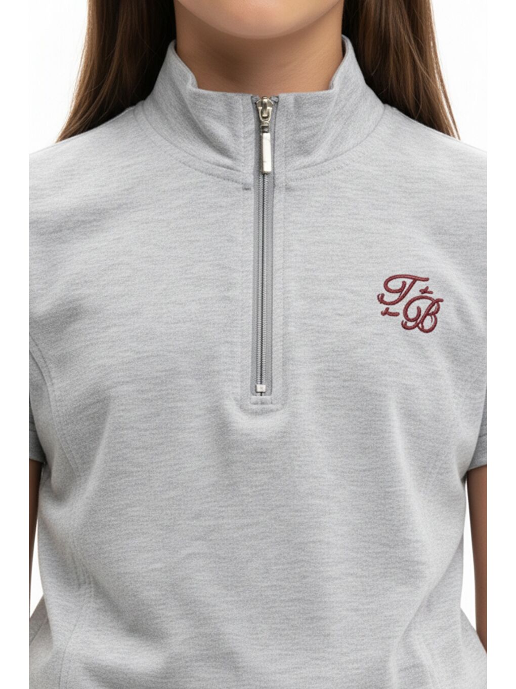 Gri Kız Çocuk 2'li Takım Dik Yaka Yarım Fermuar Kısa Kollu Nakışlı Tişört & Beli Lastikli Bol Paça Bağl-3