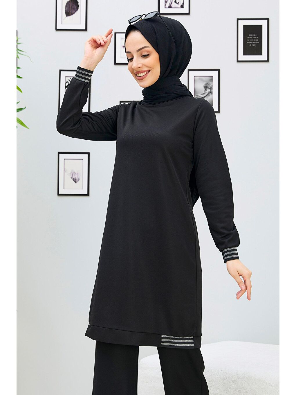 Bisiklet Yaka Kadın Siyah Tunik Pantolon - 11352-1