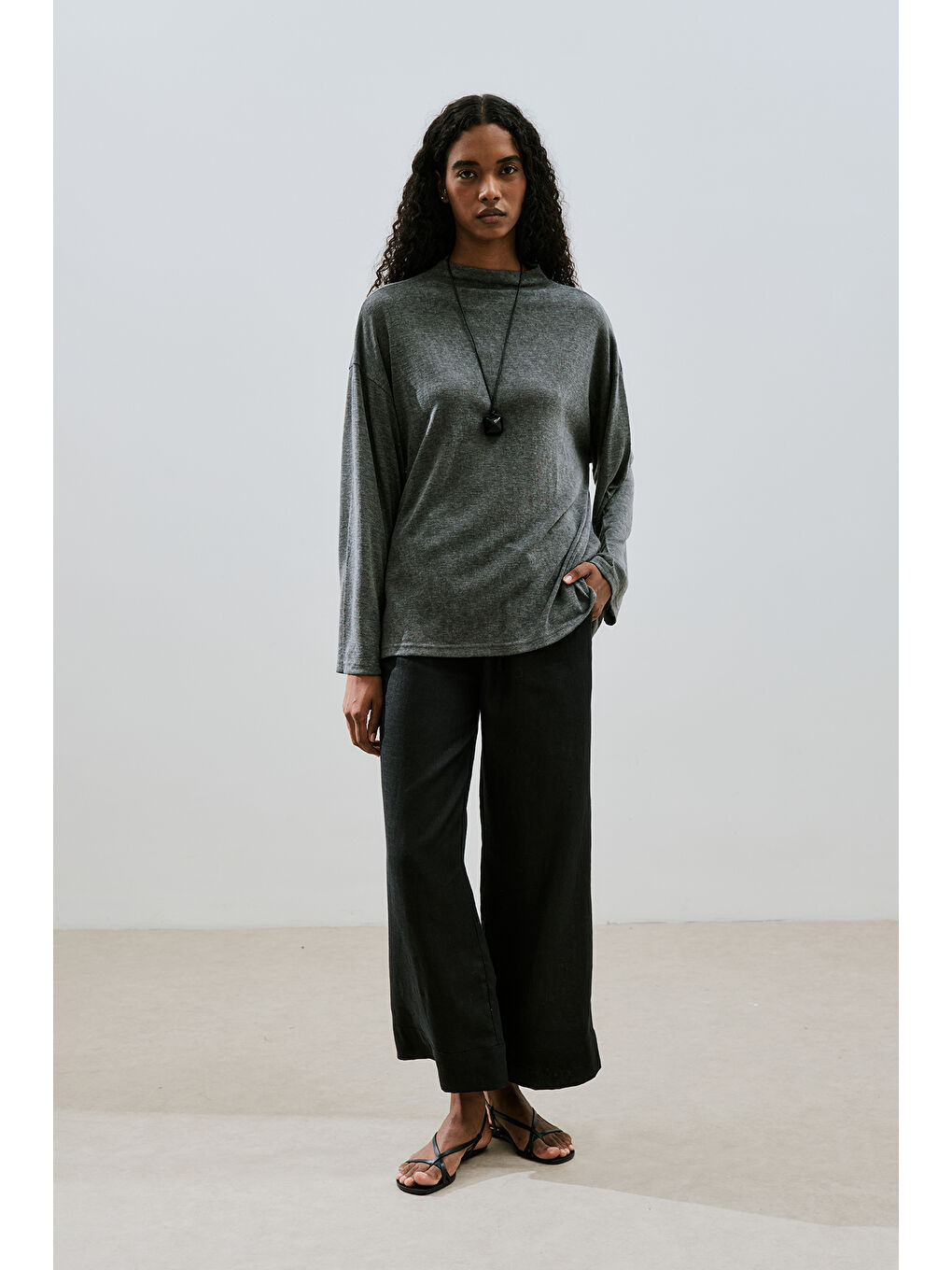 Keten Karışımlı Bluz Antrasit-6