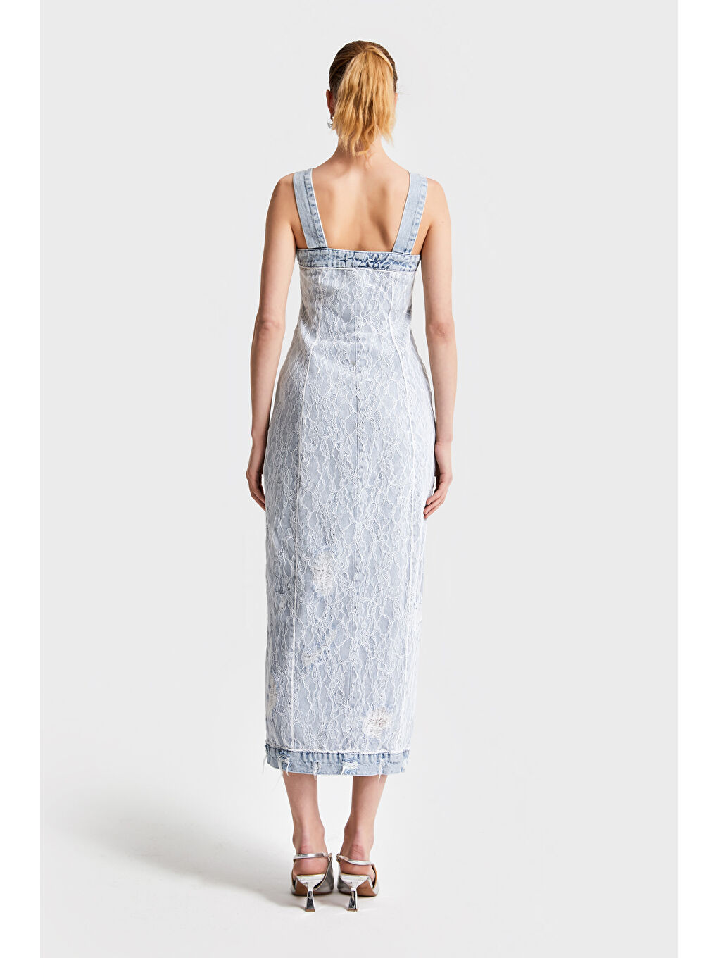 Mavi Kadın Jean Rengi 11S5 3 Dantelli Önü Düğmeli Tasarım Askılı Maxi Boy Denim Elbise-4