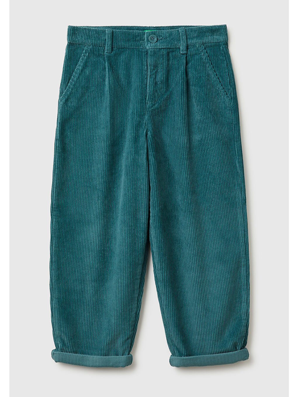 Erkek Çocuk Gri-Yeşil Arka Cebi Logolu Düğmeli Ayarlanabilir Bel Kadife Pantolon