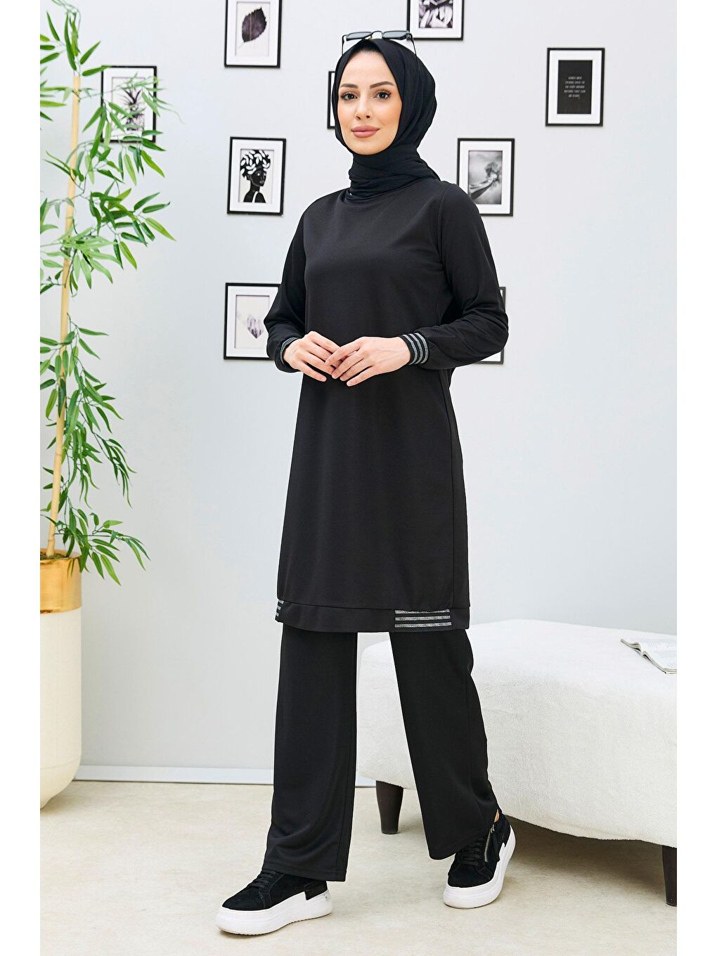 Bisiklet Yaka Kadın Siyah Tunik Pantolon - 11352-3