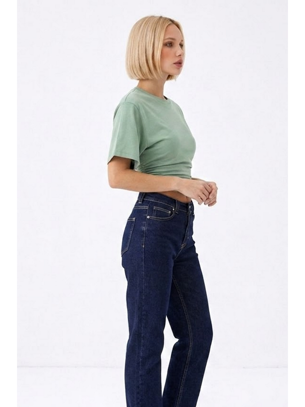 Yeşil Kadın Fashion Slim Fit Çağla Crop Tişört-1