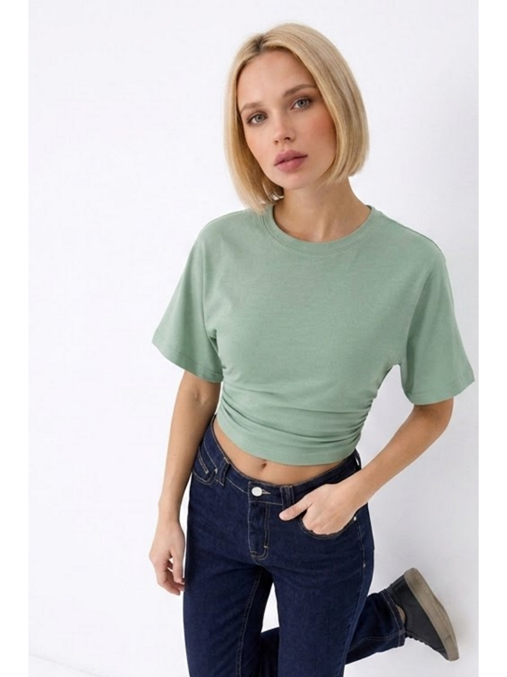 Yeşil Kadın Fashion Slim Fit Çağla Crop Tişört-2