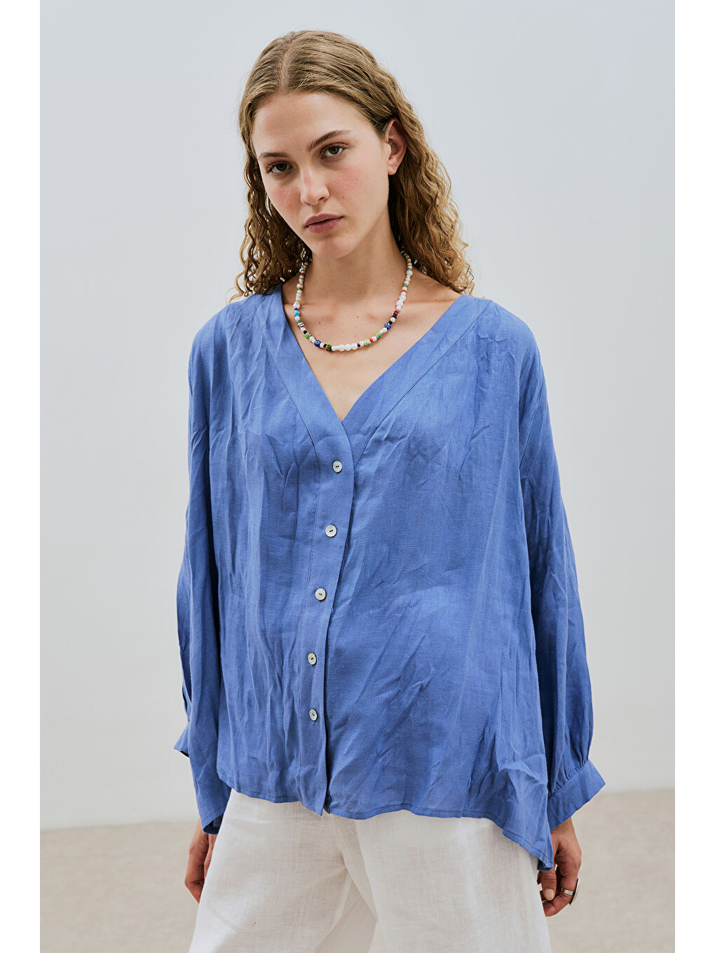 Keten Crush Düğmeli Bluz Mavi-2