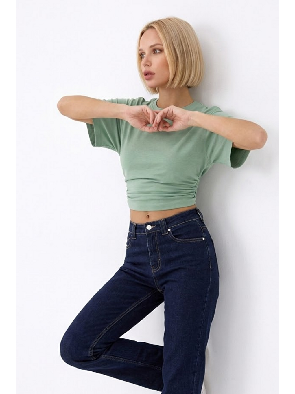 Yeşil Kadın Fashion Slim Fit Çağla Crop Tişört-3