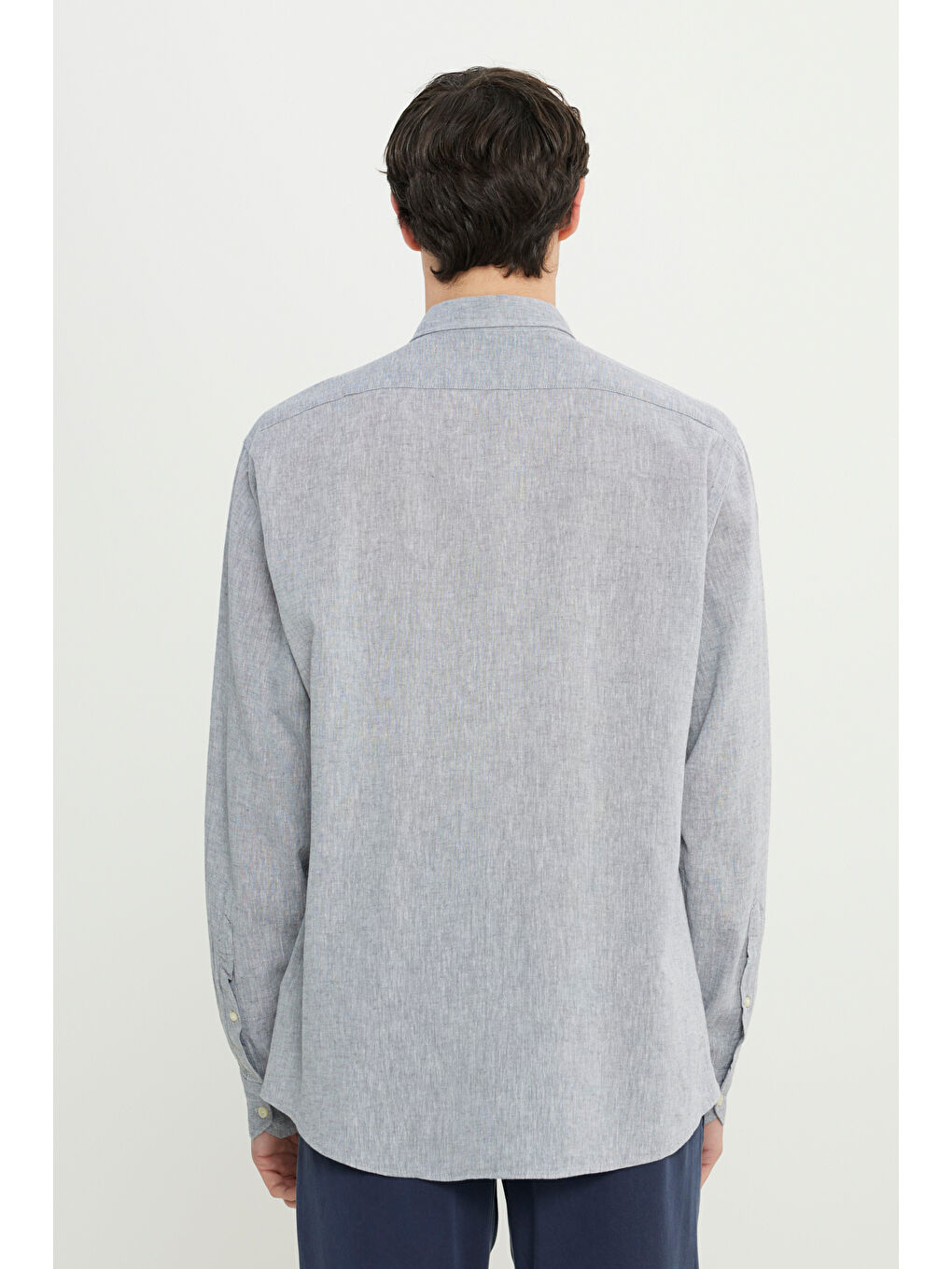 Erkek Gri Comfort Fit Rahat Kesim Düğmeli Yaka Keten Gömlek-7