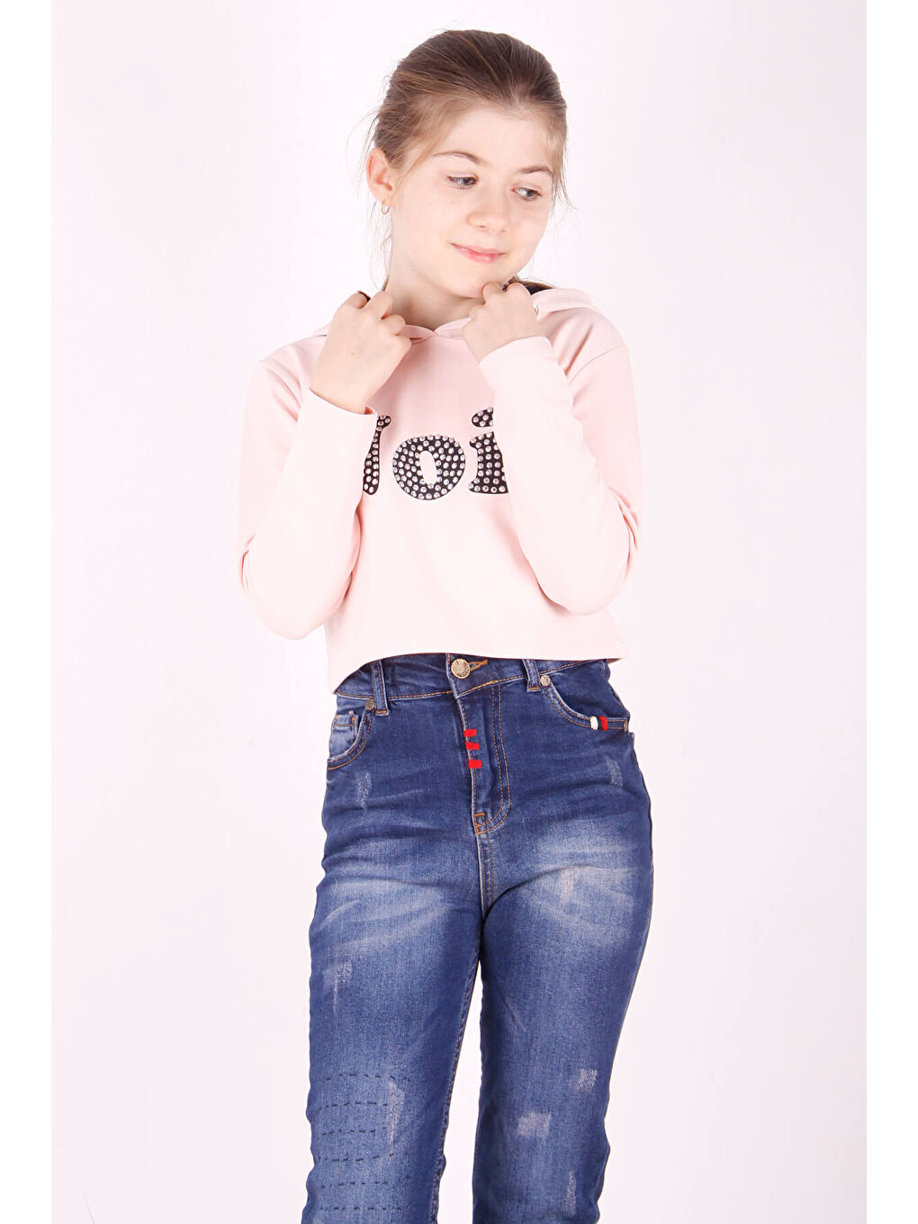 Pembe Kız Çocuk Taş İşlemeli Kapüşonlu Sweatshirt