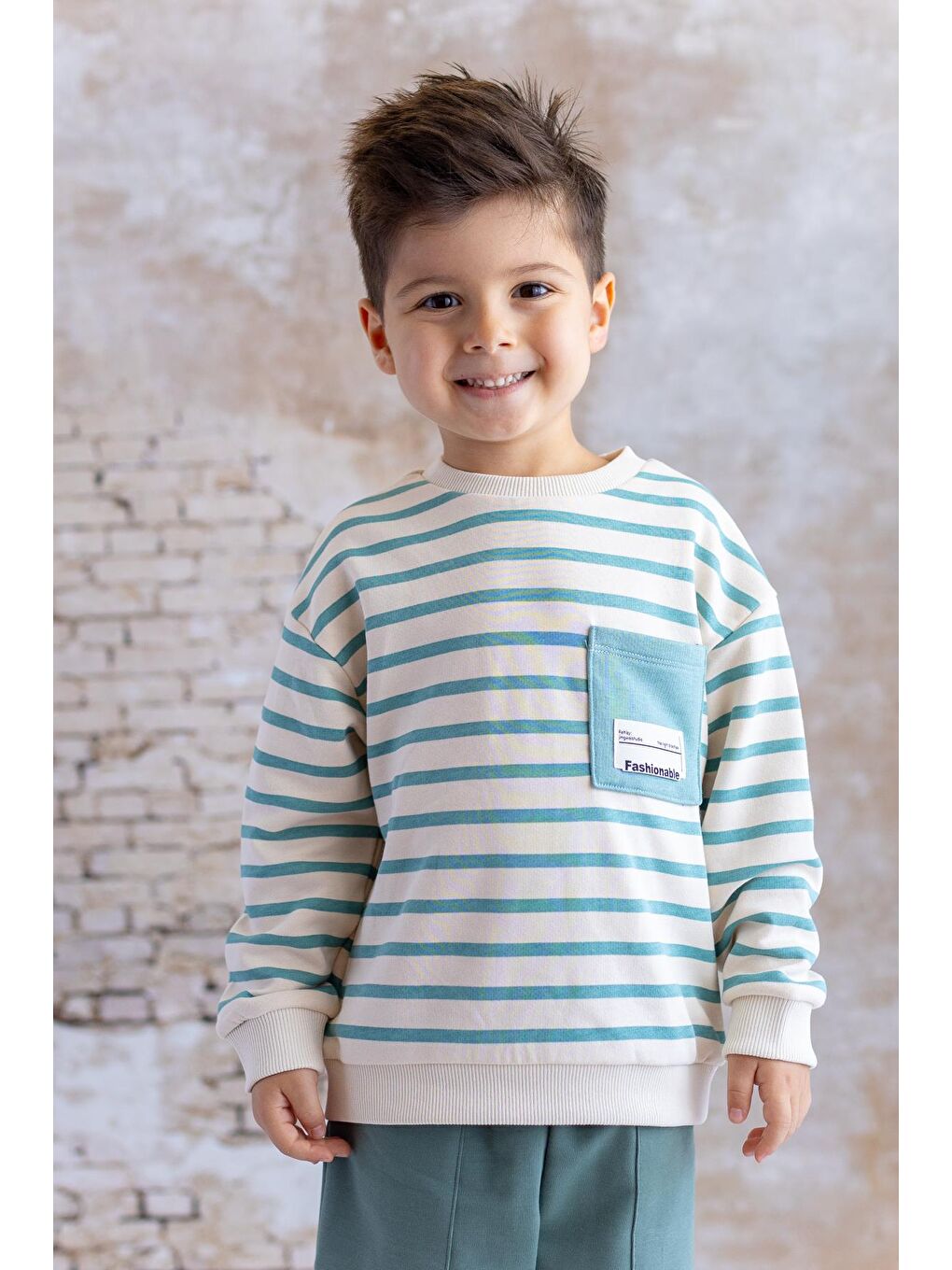 Yeşil Erkek Çocuk Çizgili Cep Detaylı Sweatshirt - Mint