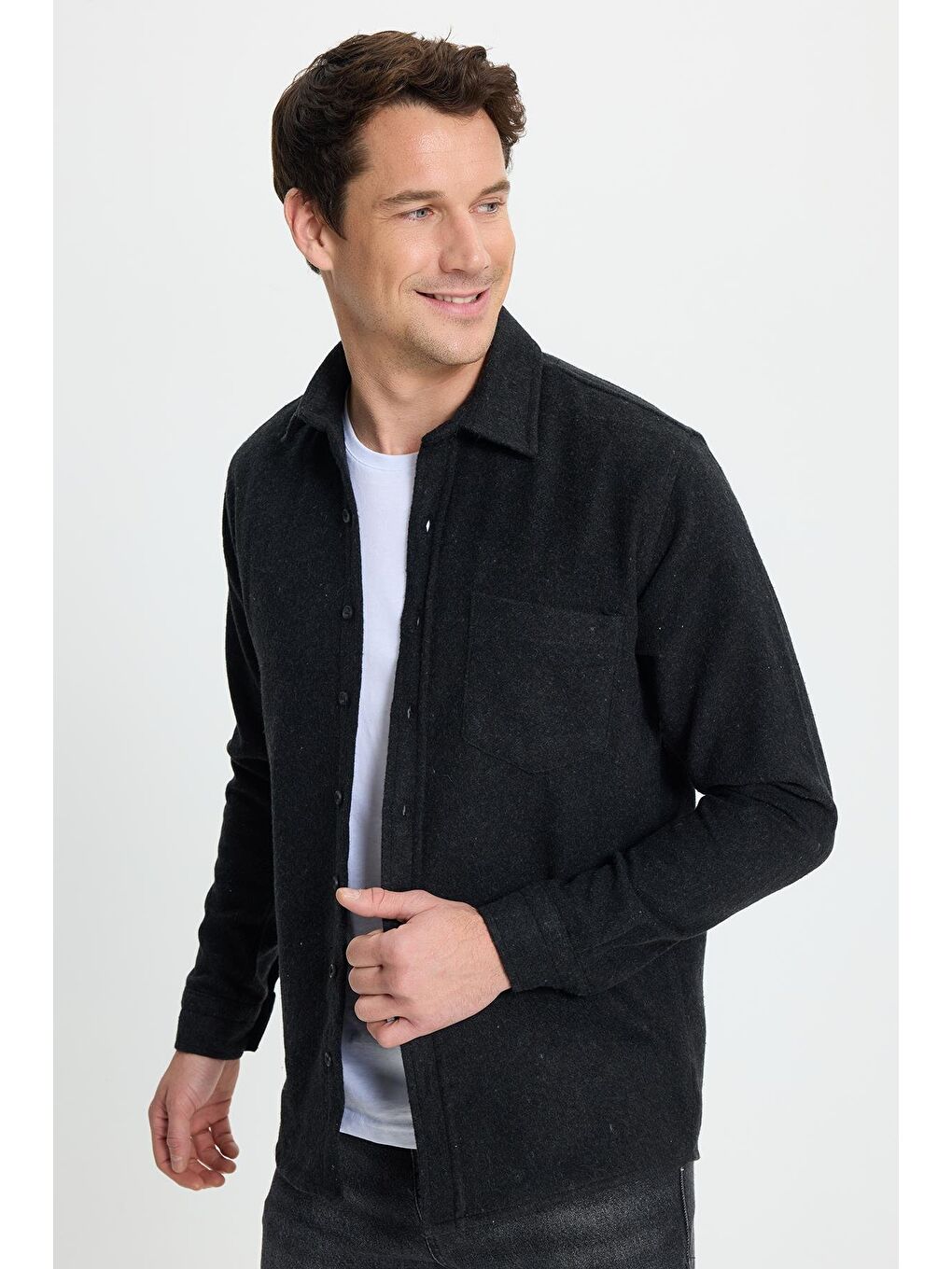 Erkek Regular Fit Klasik Kesim Düz Cepli Koyu Antrasit Oduncu Gömlek-5