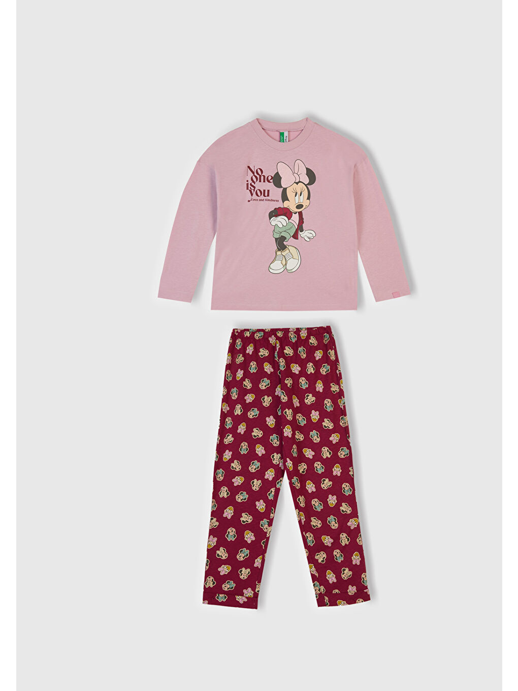 Kız Çocuk Toz Pembe-Fuşya Üstü Baskılı Altı Desenli Paçası Kıvrık Pijama Takımı