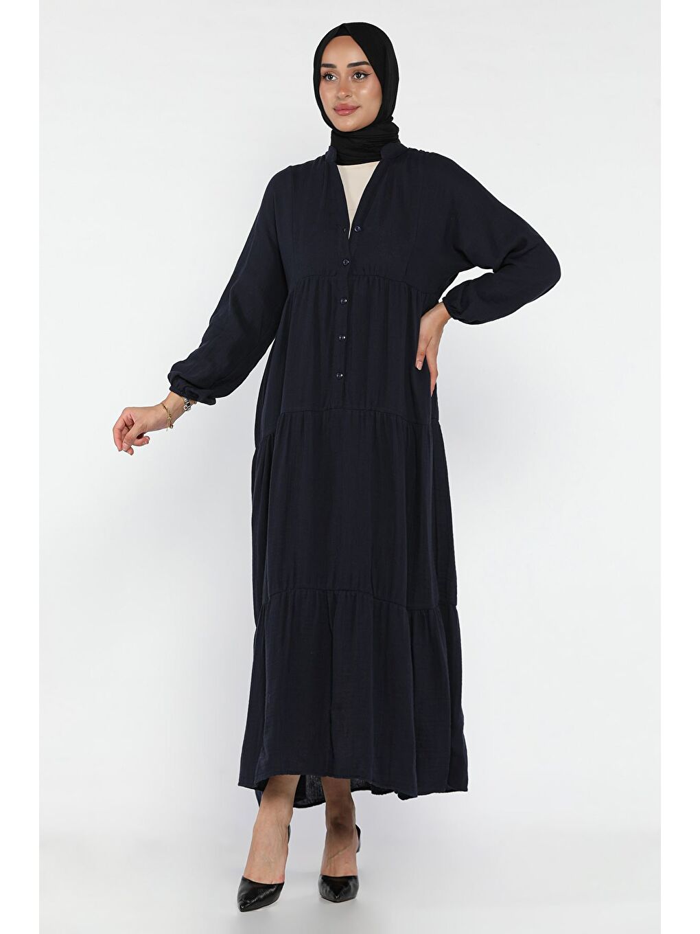 Lacivert Ön Düğmeli Mevsimlik Tesettür Elbise-3