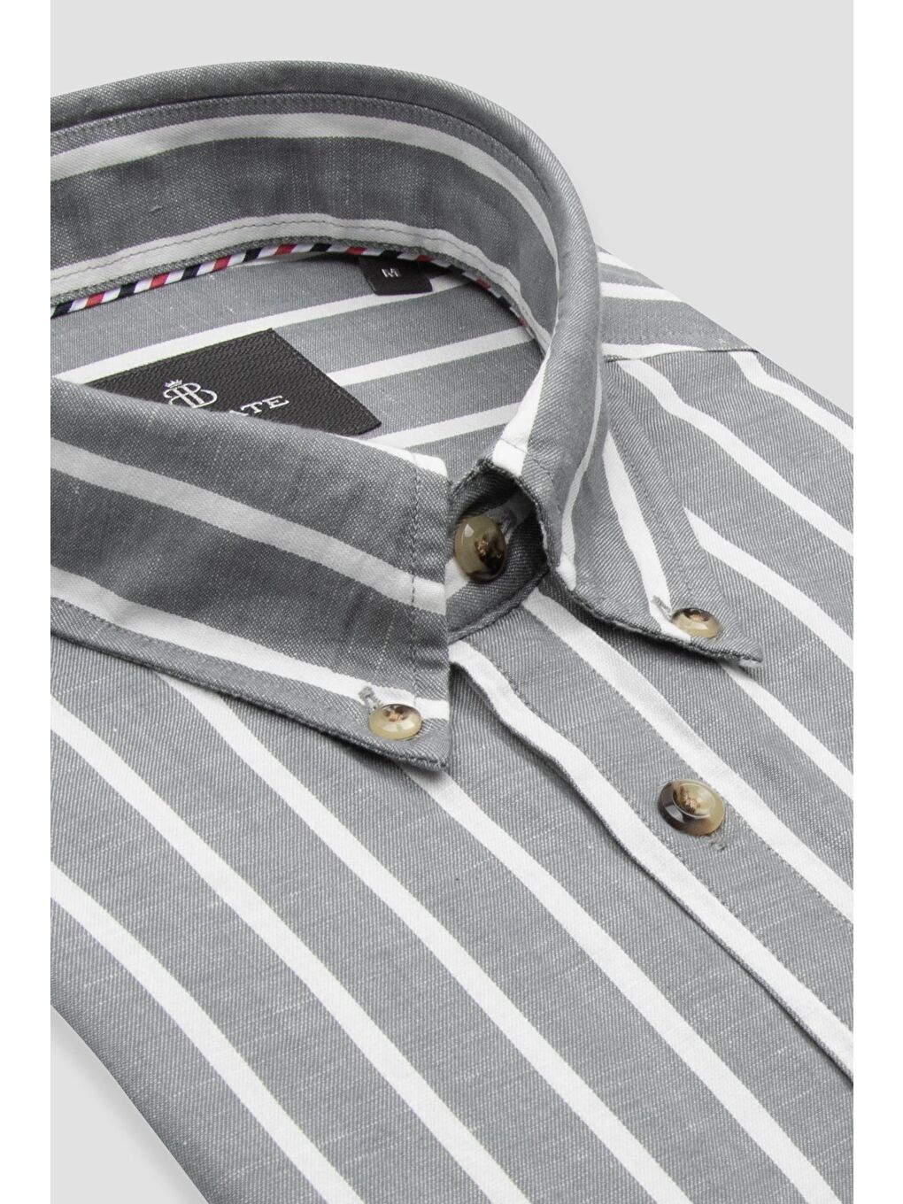 Alba Keten Pamuk Keten Karışımlı Comfort Fit Gri Düğmeli Yaka Erkek Çizgili Gömlek-1