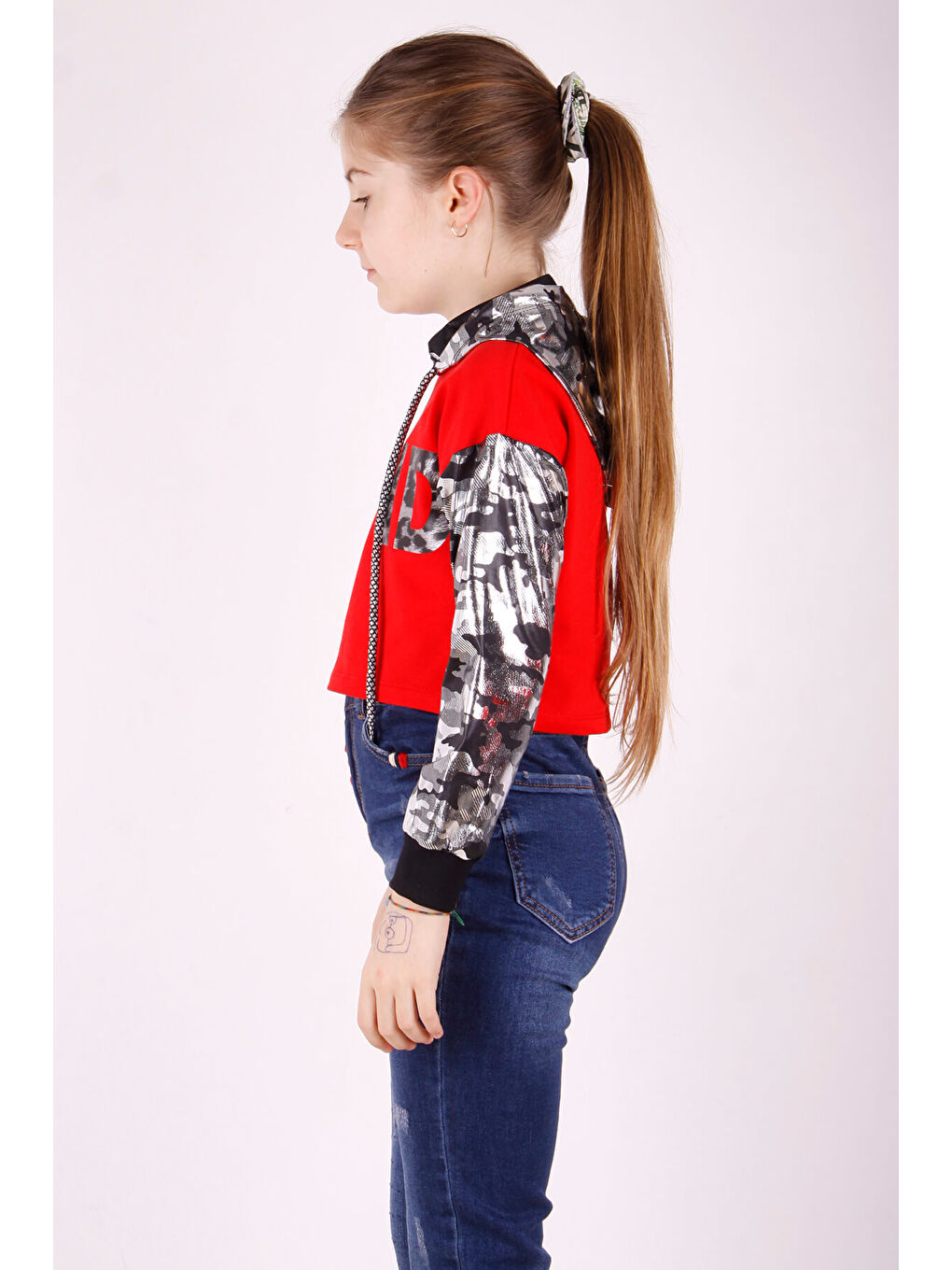 Kırmızı Kız Çocuk Kamuflaj Desenli Kapüşonlu Sweatshirt-1
