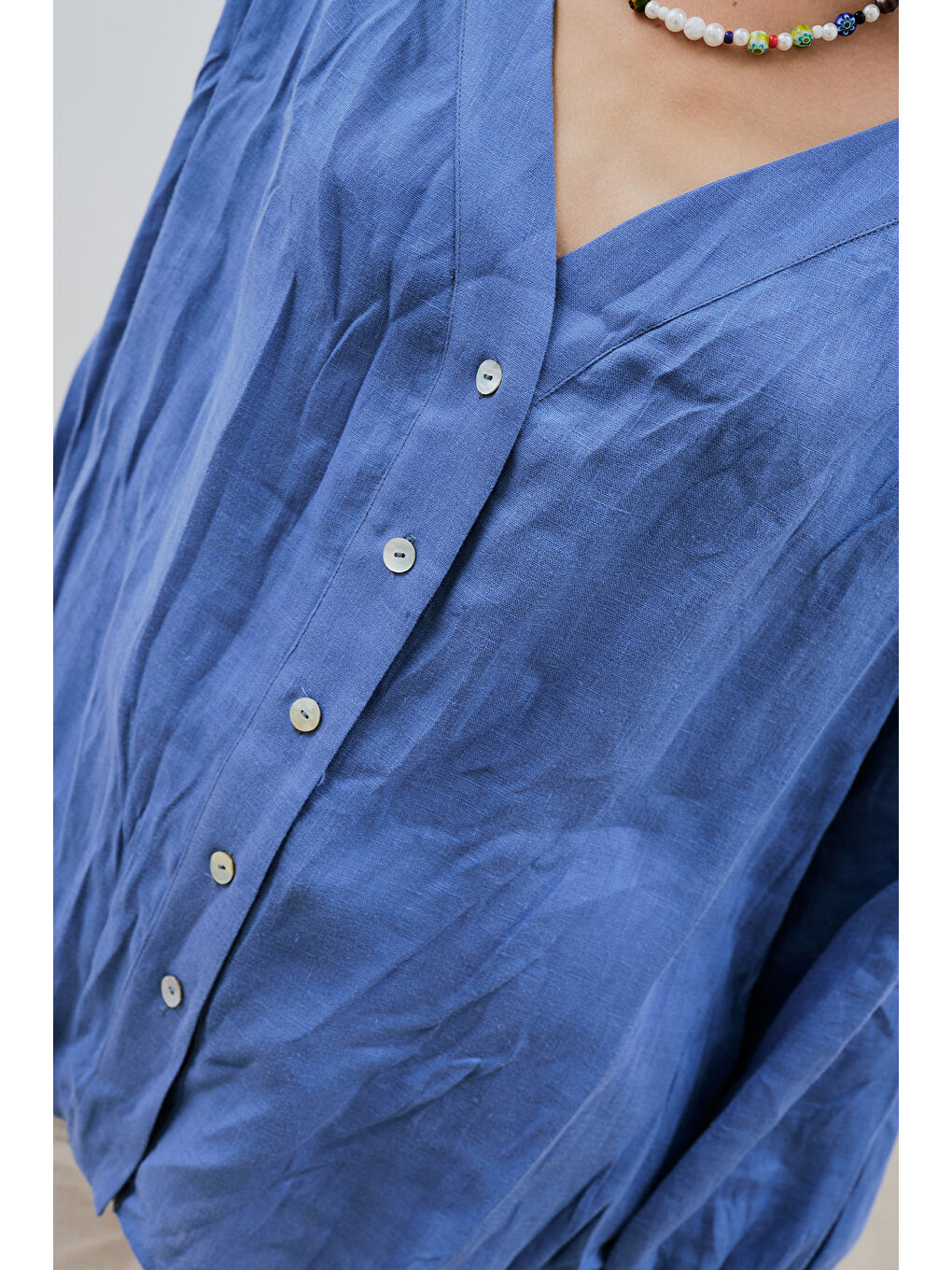 Keten Crush Düğmeli Bluz Mavi-3