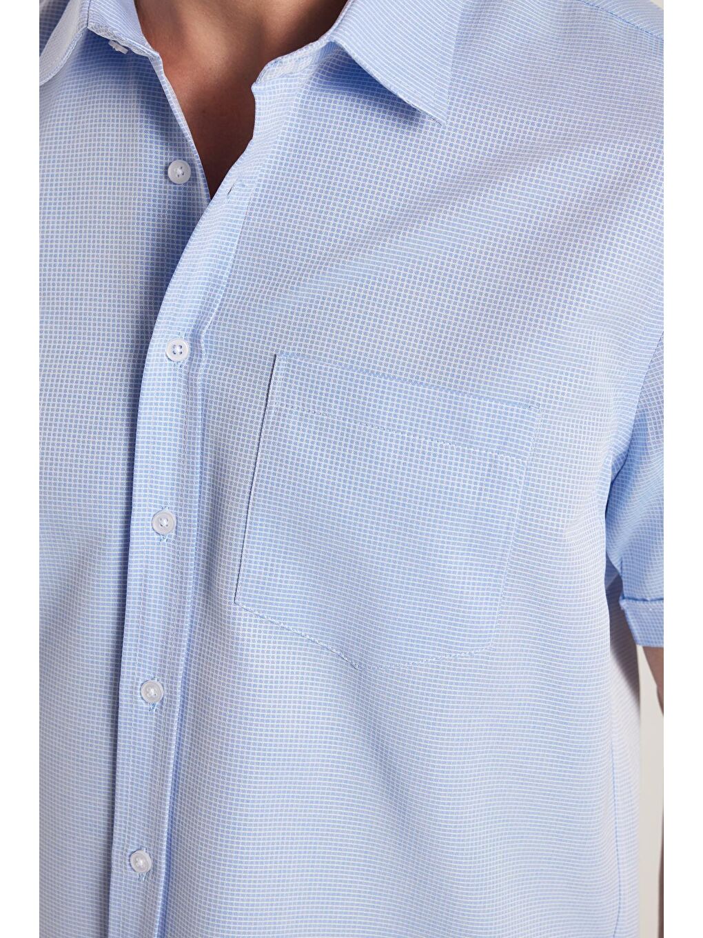 Erkek Regular Fit Klasik Kesim Kısa Kollu Pamuklu Tek Cepli Armürlü Mavi Gömlek-2