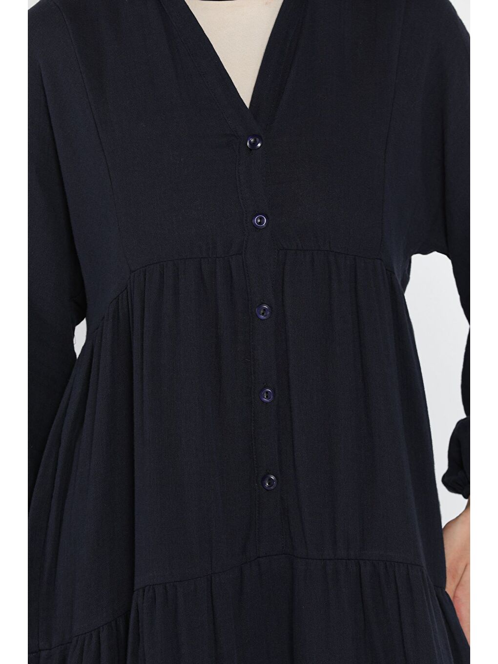 Lacivert Ön Düğmeli Mevsimlik Tesettür Elbise-6
