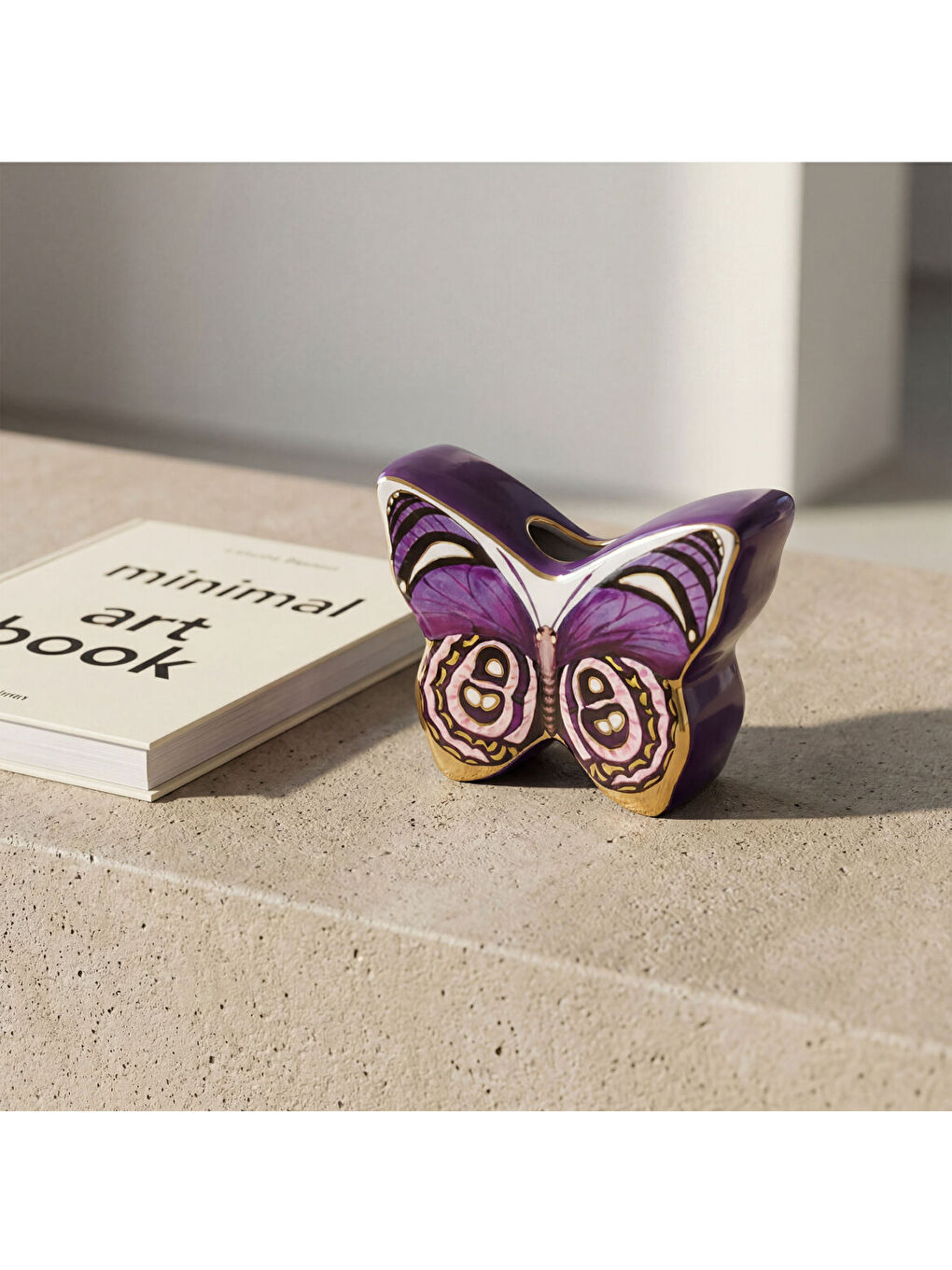 Ekru El Dekoru Kelebek Tasarımlı Dekoratif Porselen Vazo Mor 13x10 Cm-2