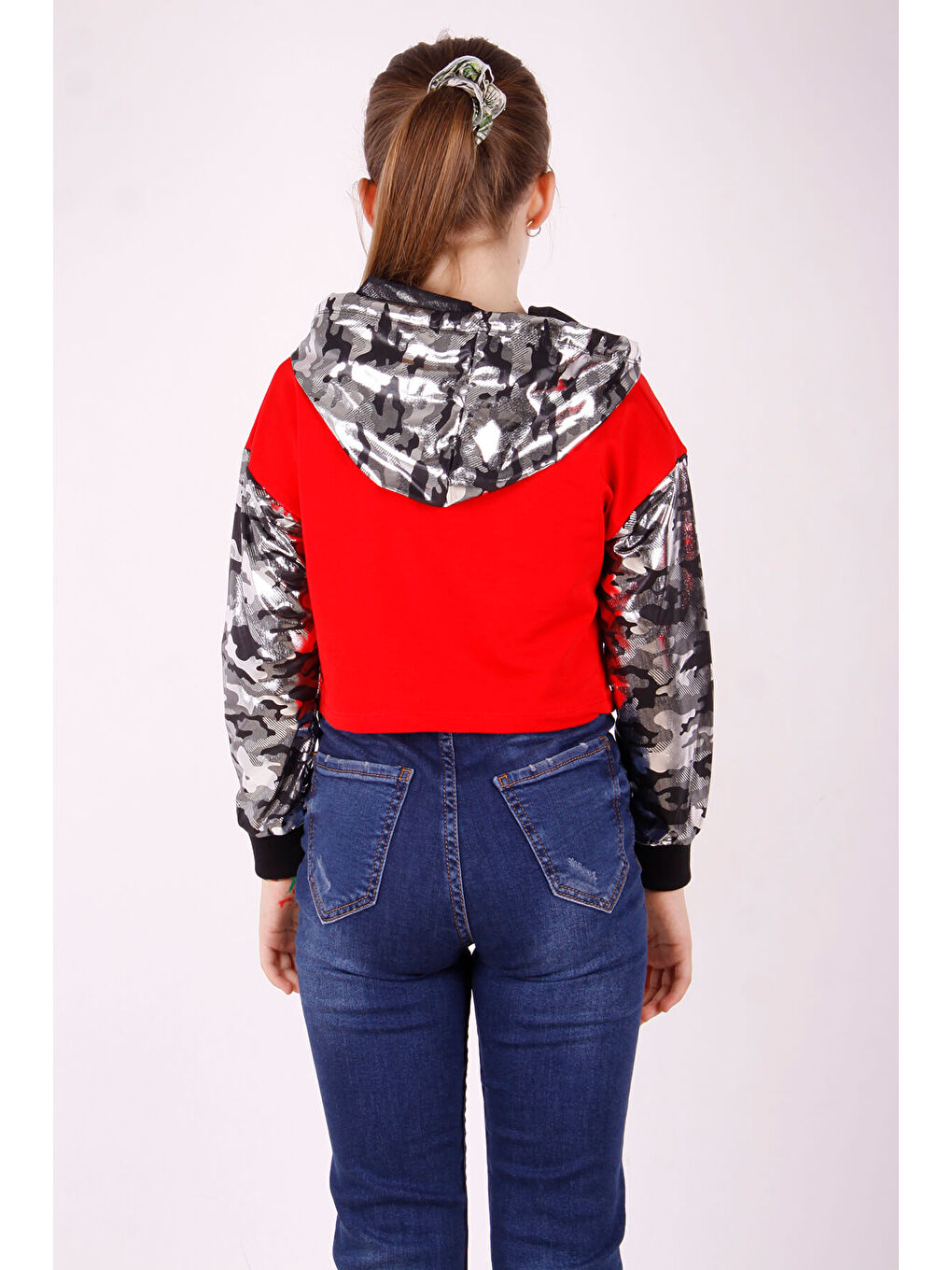 Kırmızı Kız Çocuk Kamuflaj Desenli Kapüşonlu Sweatshirt-2