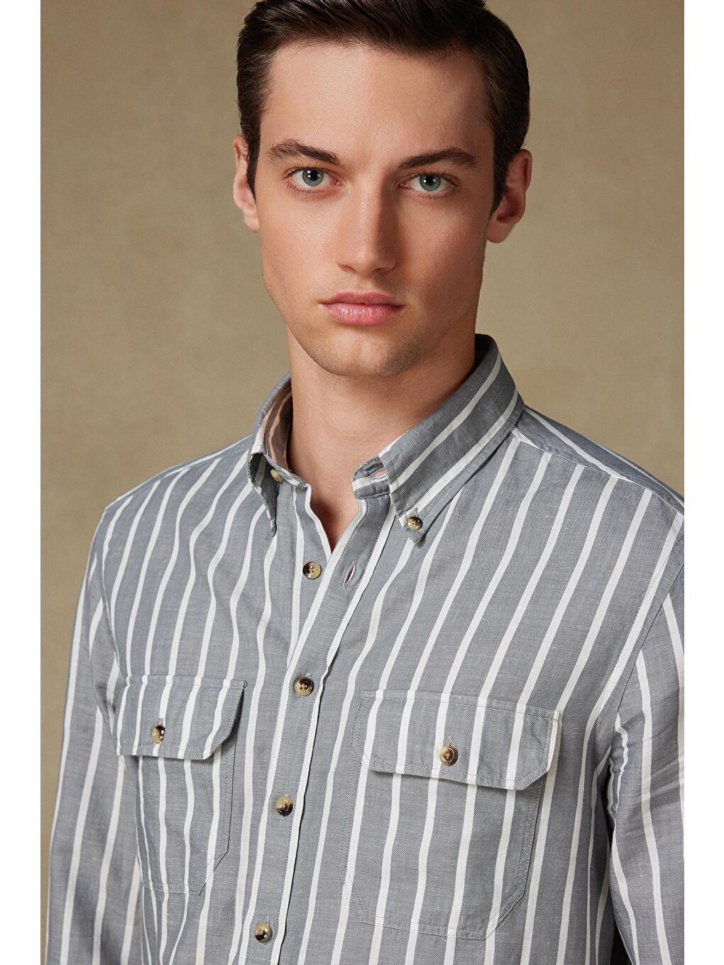 Alba Keten Pamuk Keten Karışımlı Comfort Fit Gri Düğmeli Yaka Erkek Çizgili Gömlek-2