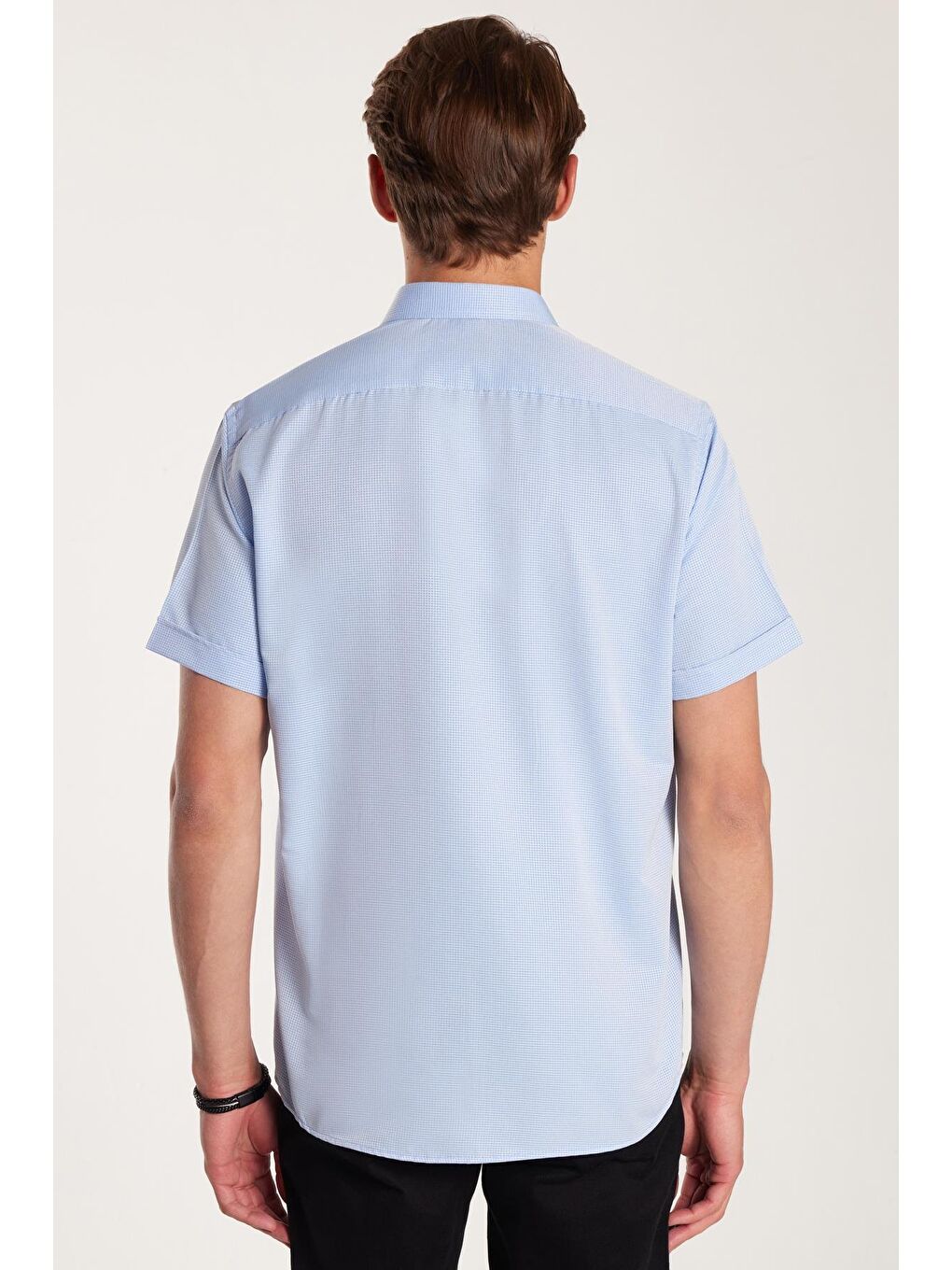 Erkek Regular Fit Klasik Kesim Kısa Kollu Pamuklu Tek Cepli Armürlü Mavi Gömlek-4