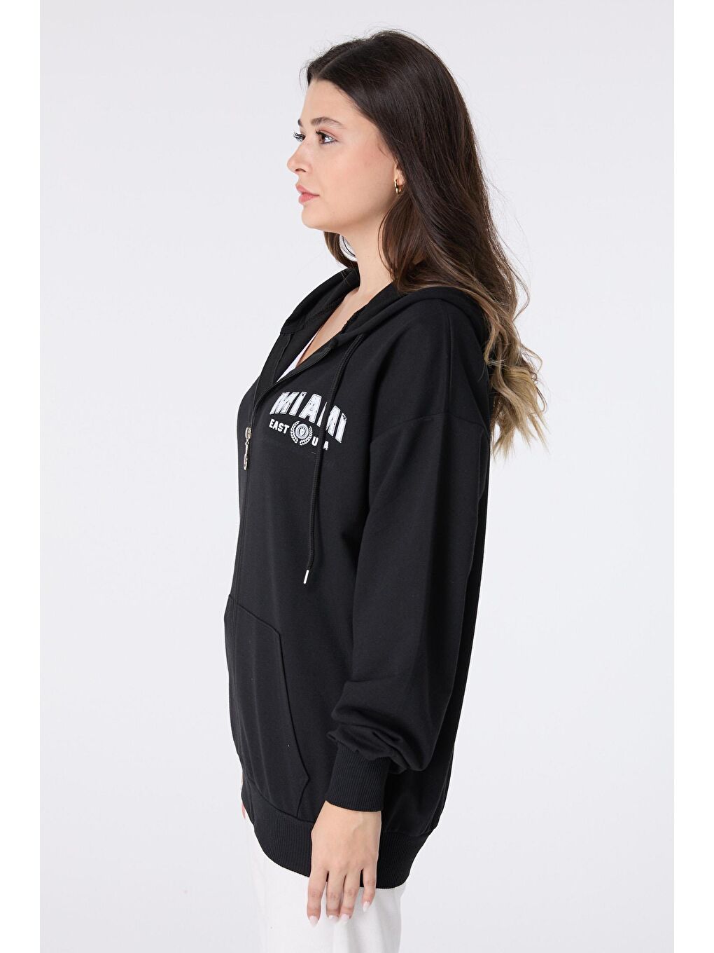 Kapüşonlu Yaka Kadın Siyah Fermuarlı Sweat - 23471-3