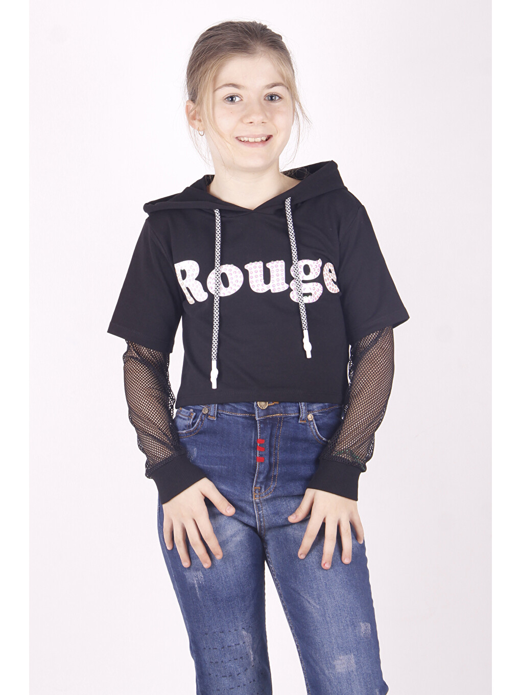 Siyah Kız Çocuk Rouge Baskılı Kapüşonlu Sweatshirt